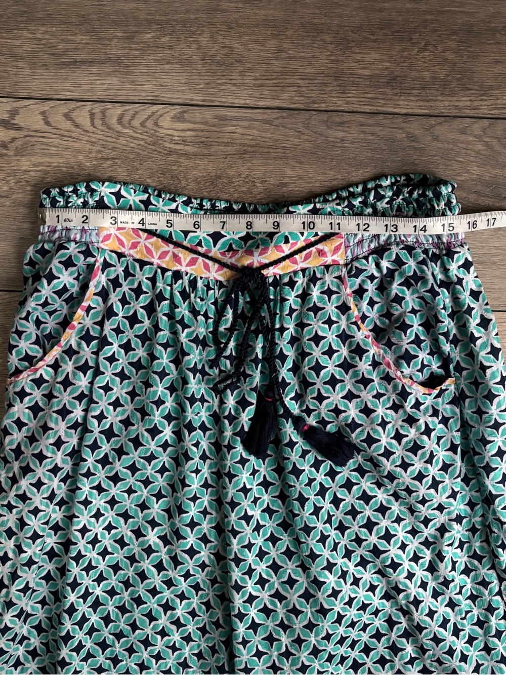 Anthropologie Wide Leg Boho Drawstring Cotton Pants Turquoise White Sz Large - Picture 8 of 13